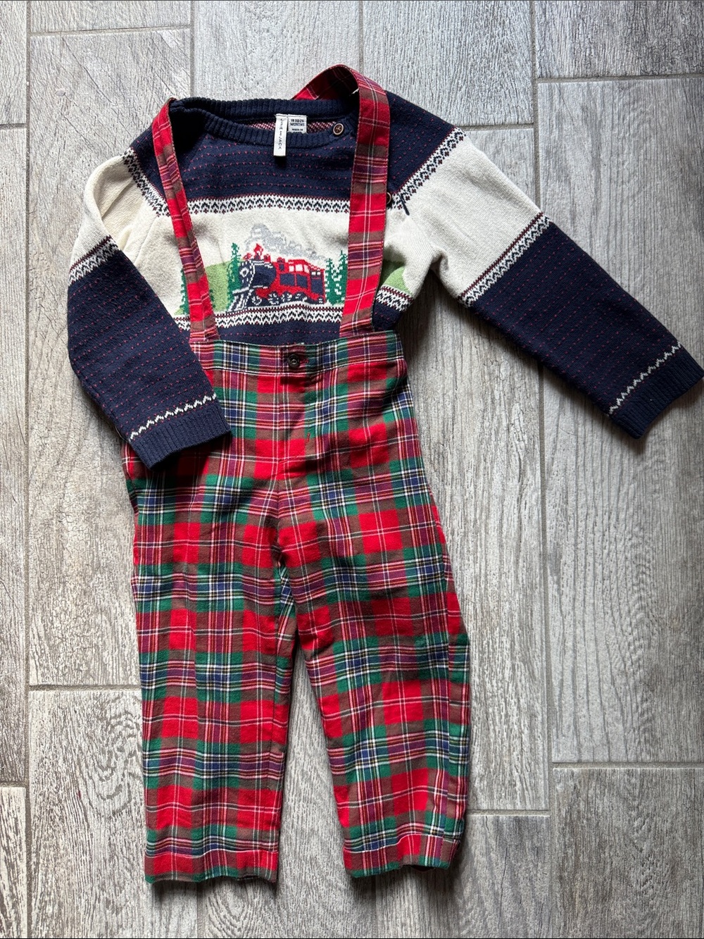 EUC-Janie and Jack -Kids Red Plaid Suspender Pants with Navy Sweater Set